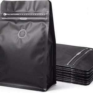 10 stuks koffiebonenzakken met ventiel zwarte rechthoekige ritssluiting koffie opbergzakken platte bodem staande hersluitbare zakjes warmtesluiting zijkant voor snoep koekjes opslag, zwart