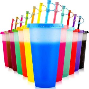 12-delige verpakking 24oz kleurveranderende bekers met deksels en rietjes - herbruikbare plastic beker voor ijskoffie, feestbeker voor kinderen en volwassenen, reisbeker voor drankjes (met