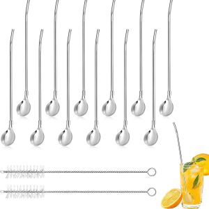 12 stuks roestvrijstalen rietjeslepels, herbruikbaar, 21 cm, met 2 reinigingsborstels, metalen rietjeslepelset voor latte macchiato, cocktails, ijskoffie, milkshakes, smoothies, feestdranken