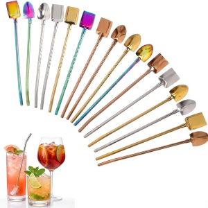 18 stuks rietjes met lepel, roestvrij staal, metalen rietjes, roestvrijstalen rietjes, set met 2 reinigingsborstels, voor slush, ijskoffie, cocktail