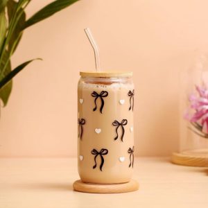 2 Stuks Esthetische Glazen Bekers 500ml met Bamboe Deksel en Rietje voor IJskoffie en Smoothies