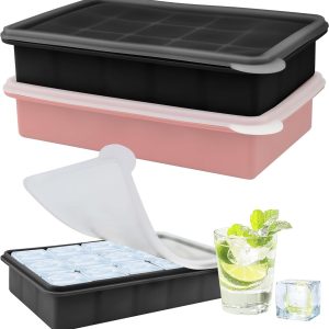 2 Stuks Siliconen Ijsblokjeshouders 15-Voudig Zwart/Roze Met Deksel | Voor Gin-Cocktails, Ijskoffie En Diepvriesblokken. Robuust En Herbruikbaar.