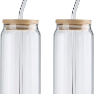 2 stuks drinkglazen, 12oz bierblikje met deksel en rietje, glazen bekers in vorm, ijstheeglazen, herbruikbaar voor ijskoffie, cocktail, wijnwater, helder
