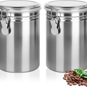 2 stuks luchtdichte roestvrijstalen koffieblikjes, 1,8 l, koffiebonenhouder van roestvrij staal met deksel, koffiebonen, opslag, koffiecontainer voor malen, thee, meel, bonen, granen en suiker, zilver