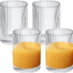 250 ml gegolfde glazen, set van 4, premium cocktailglazen & drinkglazen, tumbler van kristalglas, vaatwasmachinebestendig, geribbelde glazen voor ijskoffie, bier, water, sap, mojito, voor familie