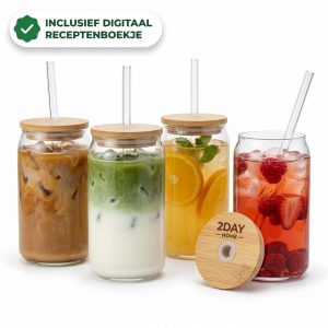 2DayHome - Latte Macchiato Glazen - Drinkglazen met Deksel en Rietje - Matcha Glazen - IJskoffie Glazen - Latte Glazen - 4 Stuks - 475 ml - Incl. Receptenboek - Bamboe