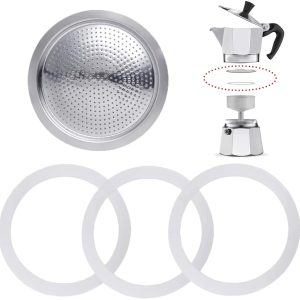 3 stuks afdichtingsringen voor espressomachine, 3 kopjes, reserveafdichting van siliconen, met zeef van aluminium (3 x siliconen afdichtring + 1 x stalen filter) (3 kopjes)