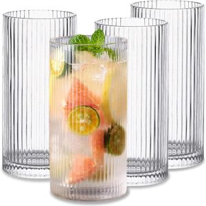 370ml drinkglazen set van 4, vintage geribbelde beker glaswerk, origami stijl transparante cocktailglazen set, bar dranken ijskoffie kop saprimpel (L-370ML)