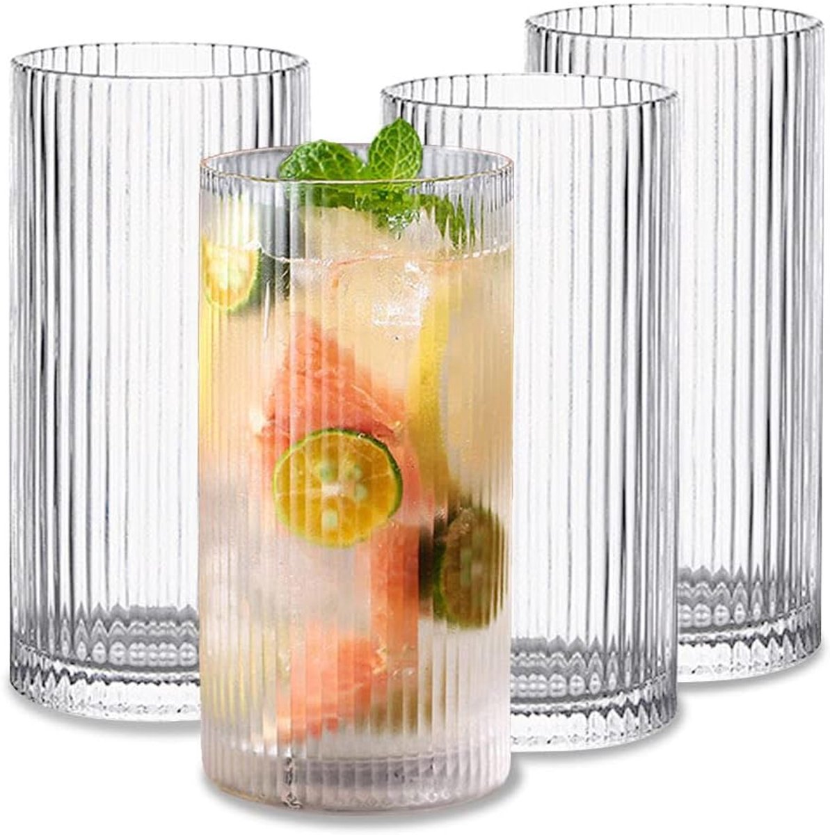 370ml drinkglazen set van 4, vintage geribbelde beker glaswerk, origami stijl transparante cocktailglazen set, bar dranken ijskoffie kop saprimpel (L-370ML)