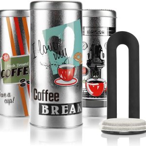 3x koffiepadbox en 1x padlifter - metalen blikje voor koffiepads koffiepadblikje - opbergdoosje met deksel voor koffie, thee, koekjes - decoratief blikje in modern vintage design (4-delige set - zilver)