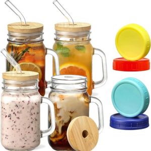 4-delige Jar Drinkglazenset - Met Handvat, Deksel & Rietje - Glazen Bekers voor Smoothies, Ijskoffie, Cocktails, Water & Frisdrank