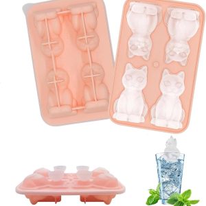 4 schattige siliconen ijsblokjesvormen voor katten, 7 cm, 3D-whisky-ijsvorm, schattige ijsblokjesvorm voor katten, met trechterdeksel voor ijs, whisky, cocktails, ijskoffie, sap (roze).