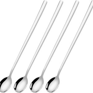 4 stuks 24 cm lange steel, roerlepel, roestvrij staal, latte macchiato-ijslepel, dessertlepel, lang, voor cappuccino, ijskoffie, ijsthee, milkshake, ijsbeker, koel drinken, vaatwasmachinebestendig