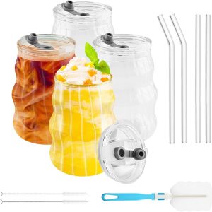 4 stuks drinkglazen met deksel en straam, 450ml cocktailglazen set met tassenborste en drinkborste, Matcha glazen Geschikt voor de vervaardiging van ijs, ijskoffie, Latte