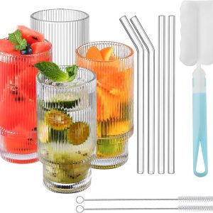 4 stuks geribbelde glazen bekers, geribbelde glazen drinkglazen set met glazen rietjes en borstel, 30 ml vintage ijskoffiekopjesset voor sap, ijskoffie, thee, cocktail, whiskey, bier