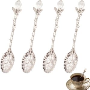 4 vintage latte macchiato lepels, zilver, 18 cm, koffielepel met bloemenpatroon, elegante theelepels van roestvrij staal voor dessert en ijs, retrostijl voor keuken en café, stijlvol en