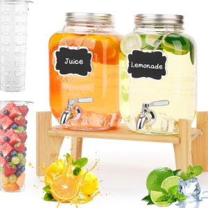 4L × 2 glazen drankdispenser met kraan, glazen drankdispenser met bamboestandaard, deksel brede mond ijskoffie met kraanhouder, voor sapwater, zelfgemaakte theedranken