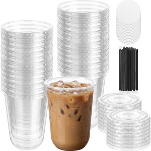 50 stuks doorzichtige plastic bekers met deksels en papieren rietjes, 480 ml herbruikbare U-vormige smoothiekopjes, BPA-vrije PET-ijskoffie-bekers, elegante koude drankglazen, milkshake voor feesten