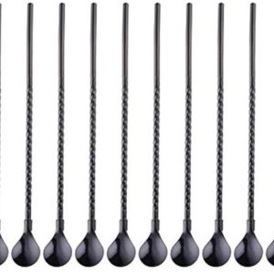50 stuks metalen rietjes met lepeltje - 8,5 inch - Roestvrijstalen rietjes - Voor cocktail, ijskoffie, milkshake, smoothie en maté - Zwart