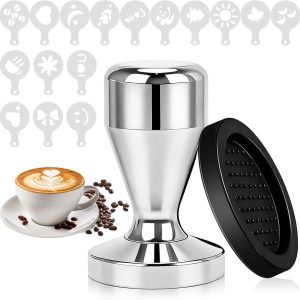 51 mm, roestvrijstalen koffiestamper, bevat 16 latte-kunstvormen en tampermat, perfect barista-gereedschap, voor espressomachine, cafés, koffieliefhebbers thuis en op kantoor