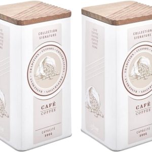 5Five Koffieblik / bewaarblik - 2x - koffie print - acacia hout deksel - 11 x 11 x 19 cm - wit - rechthoekig - bonen / filterkoffie / cups