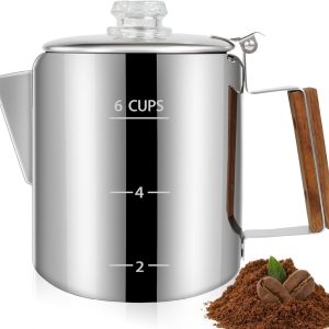 6 Cup Percolator 304 Rvs Koffiepot Koffiezetapparaat Koffiezetapparaat met Massief Houten Handvat Transparante Knop Kookplaat Greca Mokka voor Inductie Thuis en Camping 1000ml 33.8oz