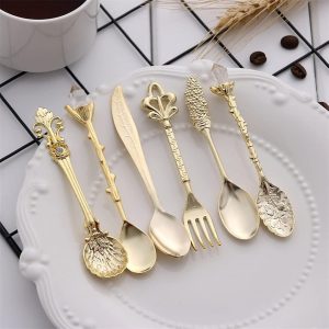 6 Stks Koffielepel & Voorgerecht Vork, Roestvrijstalen Servies Dessertlepels voor Roeren Mengen Suiker Roer Ijs Fruitcake Theelepel Set 5 Lepel + 1 Vorken(Goud)