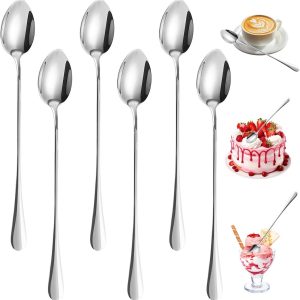 6 Stuks Roerlepel van Roestvrij Staal,19.5cm Lang,Longdrink Lepel Set | Latte Macchiato Lepels,Spiegelglans Gepolijst,Vaatwasmachinebestendig,Zilverkleurig,voor Ijskoffie,Cocktail,Ijsthee,Milkshake
