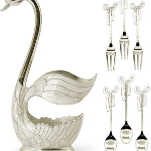 6 Stuks koffielepelbestek, dessertlepelset met decoratieve zwaanbodemhouder, roestvrijstalen theelepelset in vorm van een zwaan voor koffie/dessert/ijslepel/taart (zilverkleurig, 3 lepels, 3 vorken)
