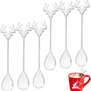 6-delig kerstlepelset, roestvrijstalen eland lepels - voor dessert, koffie, thee, soep & suiker (zilver, kerstroerlepel/theelepel/ijslepel)