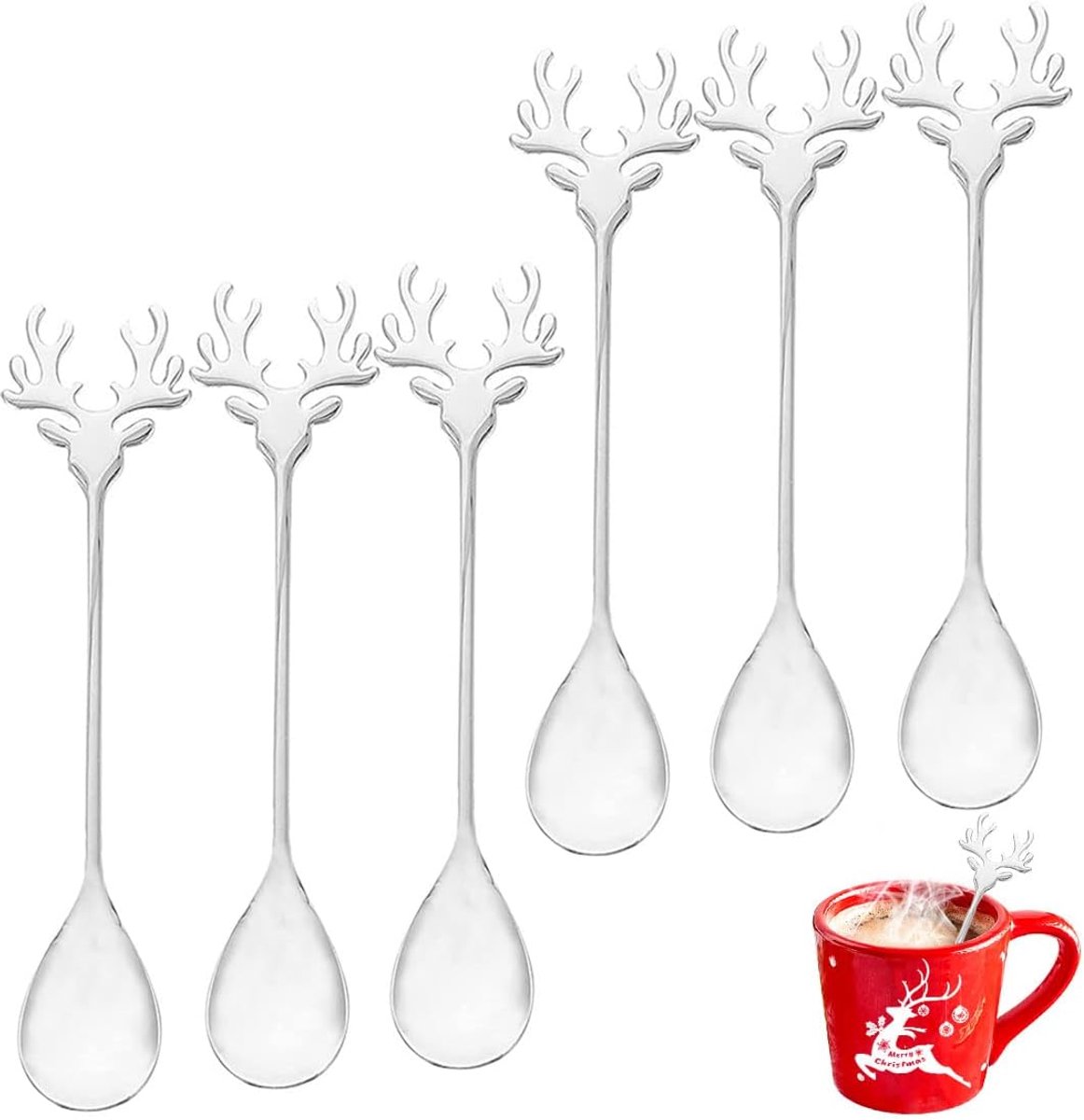 6-delig kerstlepelset, roestvrijstalen eland lepels - voor dessert, koffie, thee, soep & suiker (zilver, kerstroerlepel/theelepel/ijslepel)