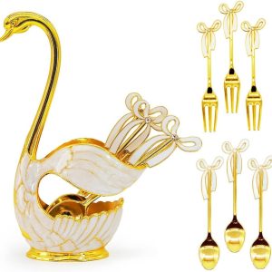 6-delig koffielepelbestek, dessertlepelset met decoratieve zwaanbodemhouder, roestvrijstalen theelepel zwaanvormige lepelset voor koffie/dessert/ijslepel/taart (goudwit 3 lepels en 3 vorken)