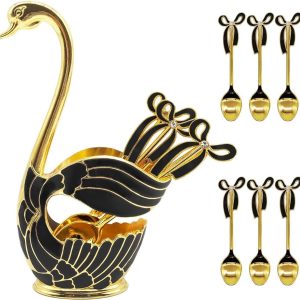 6-delig koffielepelbestek, dessertlepelset met decoratieve zwaanbodemhouder, roestvrijstalen theelepelset in de vorm van een zwaan voor koffie/dessert/ijslepel/taart (goud en zwart)