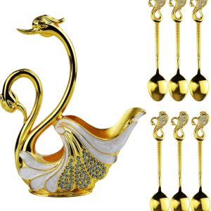 6-delig koffielepelbestek, dessertlepelset met decoratieve zwaanbodemhouder, roestvrijstalen theelepelset in de vorm van een zwaan voor koffie/dessert/ijslepel/taart (dubbelkoppige diamantzwaan)