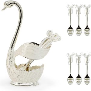 6-delig koffielepelbestek, dessertlepelset met decoratieve zwaanbodemhouder, roestvrijstalen theelepelset in de vorm van een zwaan voor koffie/dessert/ijslepel/taart (zilverwit)