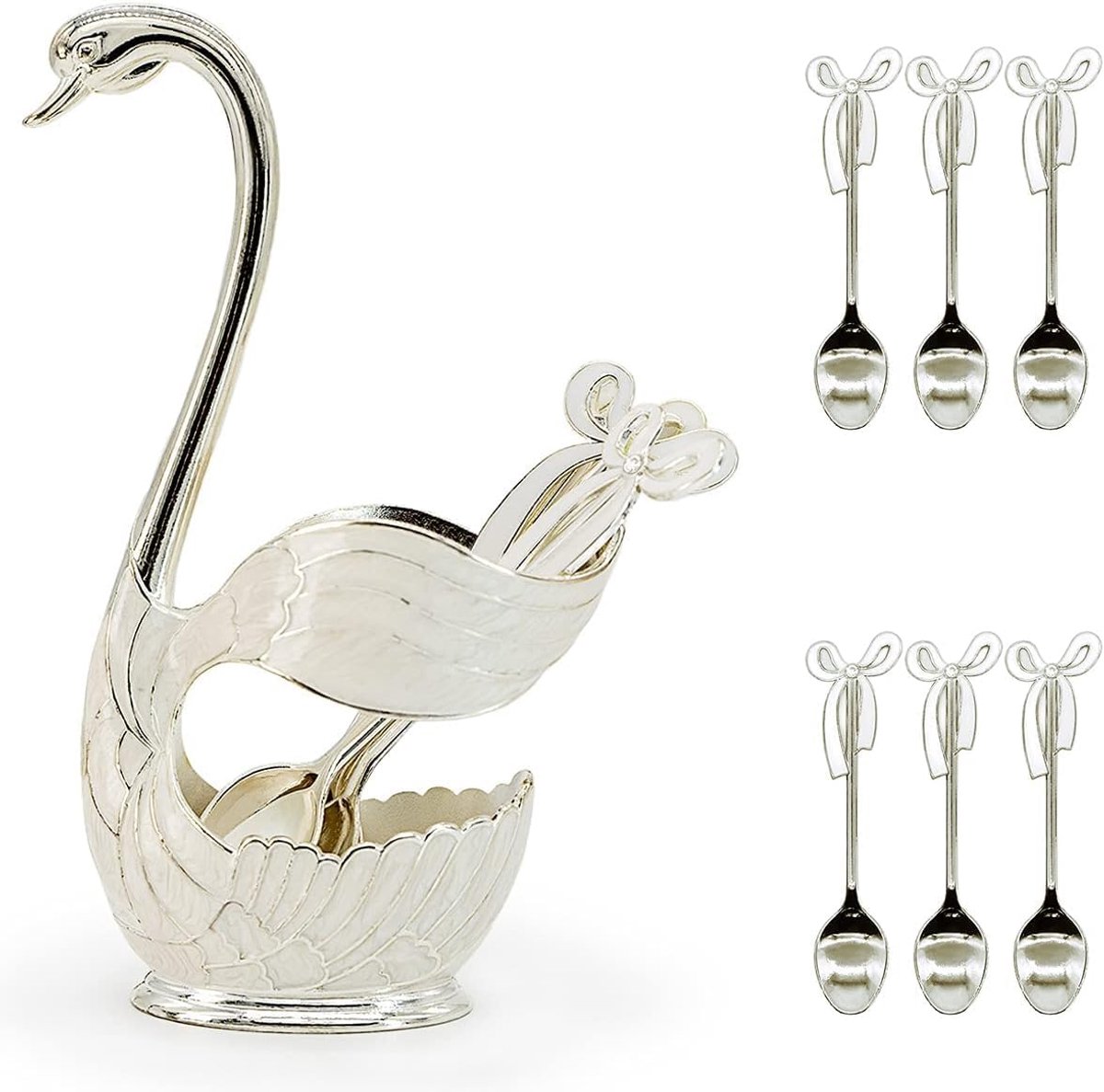 6-delig koffielepelbestek, dessertlepelset met decoratieve zwaanbodemhouder, roestvrijstalen theelepelset in de vorm van een zwaan voor koffie/dessert/ijslepel/taart (zilverwit)