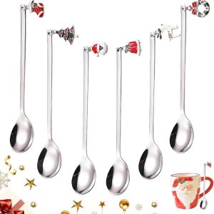 6-delige kerstlepels, voor kerstkopjes, kerstservies, kerstlepel, bestek, koffielepels, serviesset, kerstbestek (zilver)