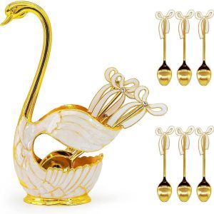 6-delige koffielepelbestekset, dessertlepelset met decoratieve zwaanbodemhouder, roestvrijstalen theelepelset in de vorm van een zwaan voor koffie/dessert/ijslepel/cake (goudkleurig wit)