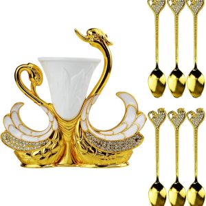 6-delige koffielepelbestekset, dessertlepelset met decoratieve zwaanbodemhouder, roestvrijstalen theelepelset in de vorm van een zwaan voor koffie/dessert/ijslepel/cake (Love Diamond Swan)
