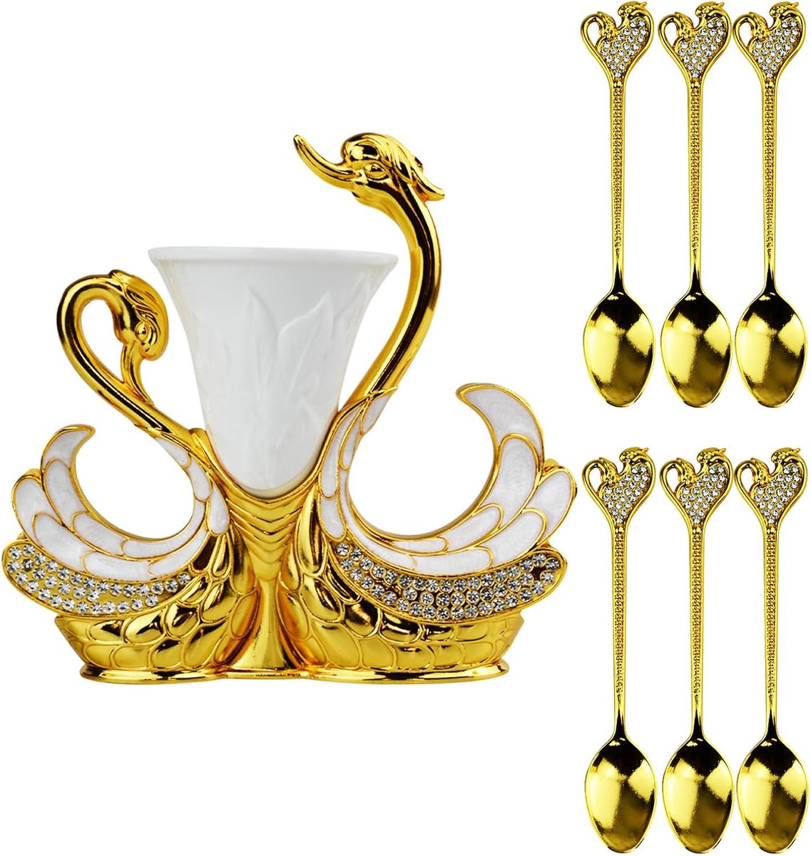 6-delige koffielepelbestekset, dessertlepelset met decoratieve zwaanbodemhouder, roestvrijstalen theelepelset in de vorm van een zwaan voor koffie/dessert/ijslepel/cake (Love Diamond Swan)