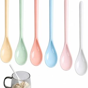 6 herbruikbare dessertlepels van kunststof, lange handgreep, kleurrijke lepels voor ijs, smoothies, hoge glazen en koffie.