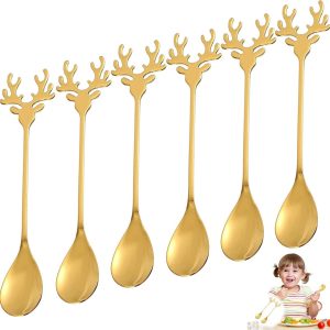 6 stuks Eelandvormige Roestvrijstalen Lepel Dessertlepel Eetlepel Kerst Lepel Creatieve Koffielepel Kleine Lepel Theelepel (Goud)
