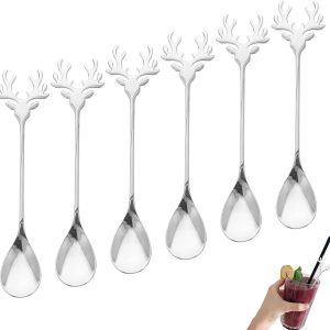 6 stuks Elanden koffielepel Lepel in roestvrij staal Kerstlepel Kleine lepel Creatieve lepel Taart lepel Theelepel eland Menglepelservies(zilver)