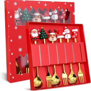 6 stuks, cadeau voor meisjes en kinderen van 5, 6, 7, 8, 9, 10 jaar, kerstkoffielepel, kerstlepel, bestek, stalen kinderstaal, schattige vorken, met geschenkdoos