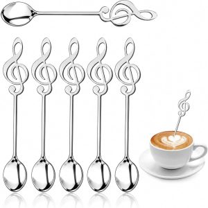 6 stuks decoratieve dessertlepel, muziekdecoratie, lepel, koffielepel, roestvrij staal, kleine L-lepel, piano, L-lepel, elegante roerlepel voor thuis