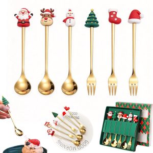6 stuks - dessert bestek - Kerstbestek - RVS lepel - bestekset - lepels en vorken - kerstcadeau - koffielepeltjes - goud - cadeau voor de feestdagen - geschenkdoos
