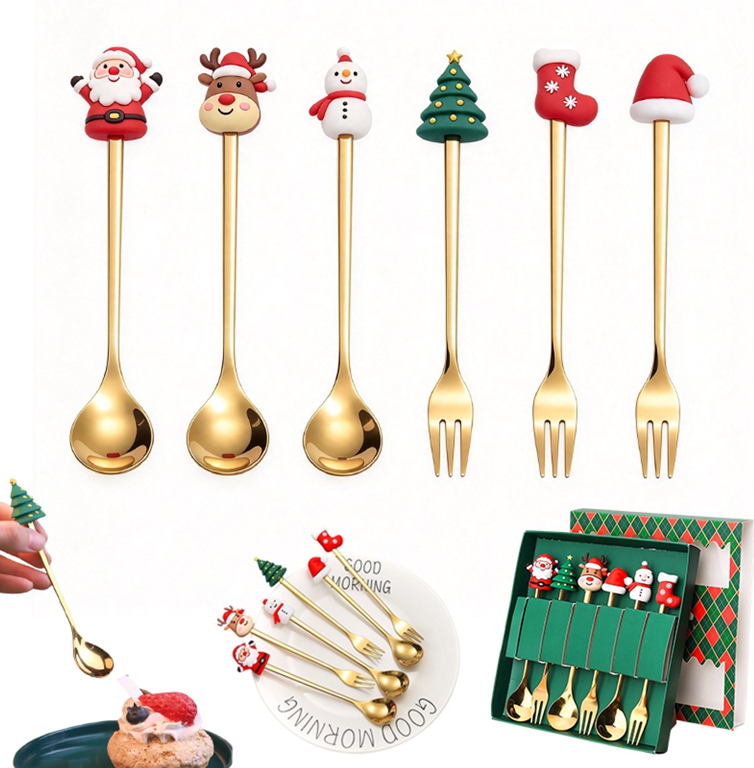 6 stuks - dessert bestek - Kerstbestek - RVS lepel - bestekset - lepels en vorken - kerstcadeau - koffielepeltjes - goud - cadeau voor de feestdagen - geschenkdoos