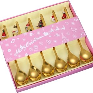 6 stuks gouden kerstlepels set lange greep kleine ronde lepel kerst koffielepels set roestvrij staal kerstlepel gouden lepelset lepel met kerstboom hanger