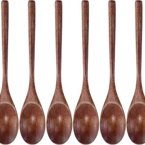 6 stuks houten lepels, soeplepels van hout, pollepels van ramenpap met lange handgreep, set voor eten, mengen, koken