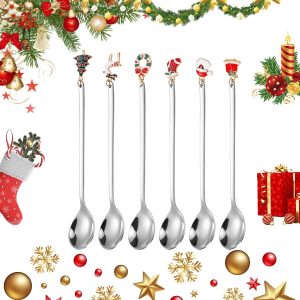 6 stuks kerstlepels roestvrij staal theelepels, dessert-theelepels, kerstkoffielepel met kersthangers, kerstboom klokken (zilver)